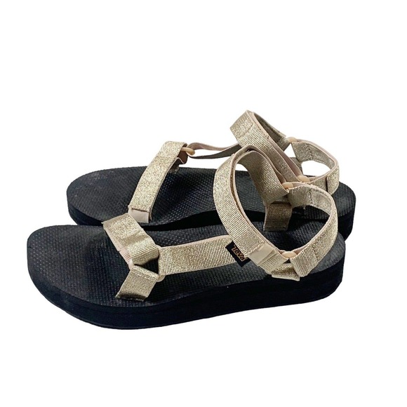 Teva Sandals Flatform Platform Ankle Strap Thong Flip Flop Metallic Gold 10 - Picture 3 of 9